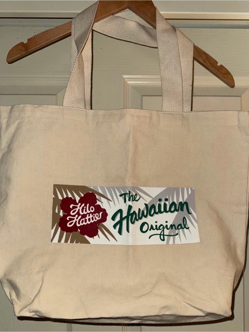 Hilo Hattie Natural Canvas Tote with Red Floral and Green Script